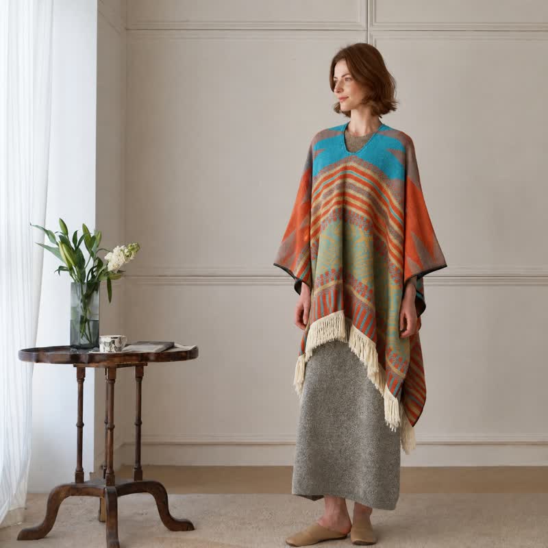 Colorful Geometric Woven Poncho Shawl Wrap - image 6