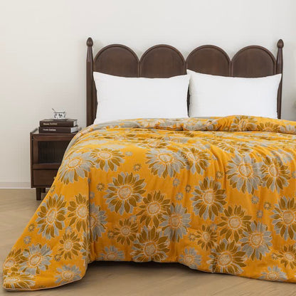 Vintage Orange Sunflower Cotton Gauze Quilt - Orange - Summer Quilt - King - image 0