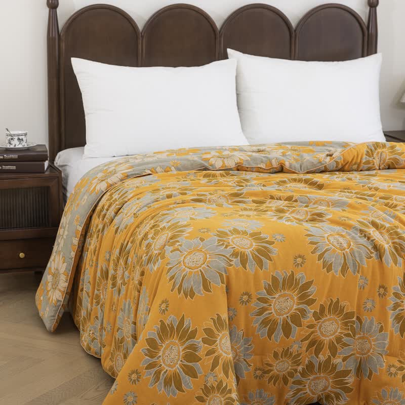Vintage Orange Sunflower Cotton Gauze Quilt - image 1