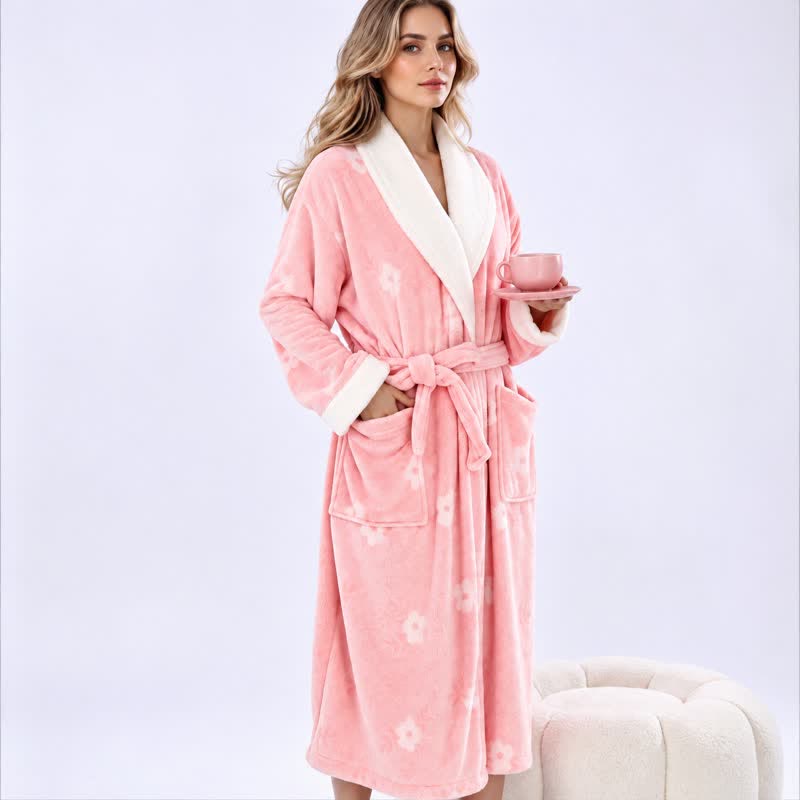 Soft Flower Coral Fleece Bath Robe - Pink - One Size - image 0