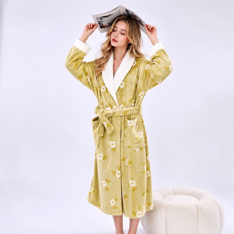 Soft Flower Coral Fleece Bath Robe - Yellow - One Size - image 5
