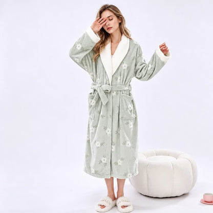 Soft Flower Coral Fleece Bath Robe - Light Green - One Size - image 10