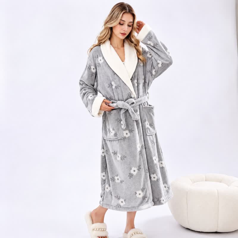 Soft Flower Coral Fleece Bath Robe - Light Gray - One Size - image 15