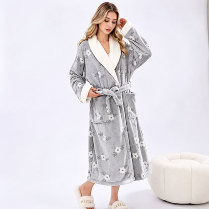 Soft Flower Coral Fleece Bath Robe - Light Gray - One Size - image 15