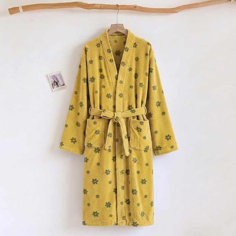 Floral Coral Fleece V-neck Wrap Bath Robe - Yellow - One Size - image 0