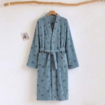 Floral Coral Fleece V-neck Wrap Bath Robe - Blue - One Size - image 10
