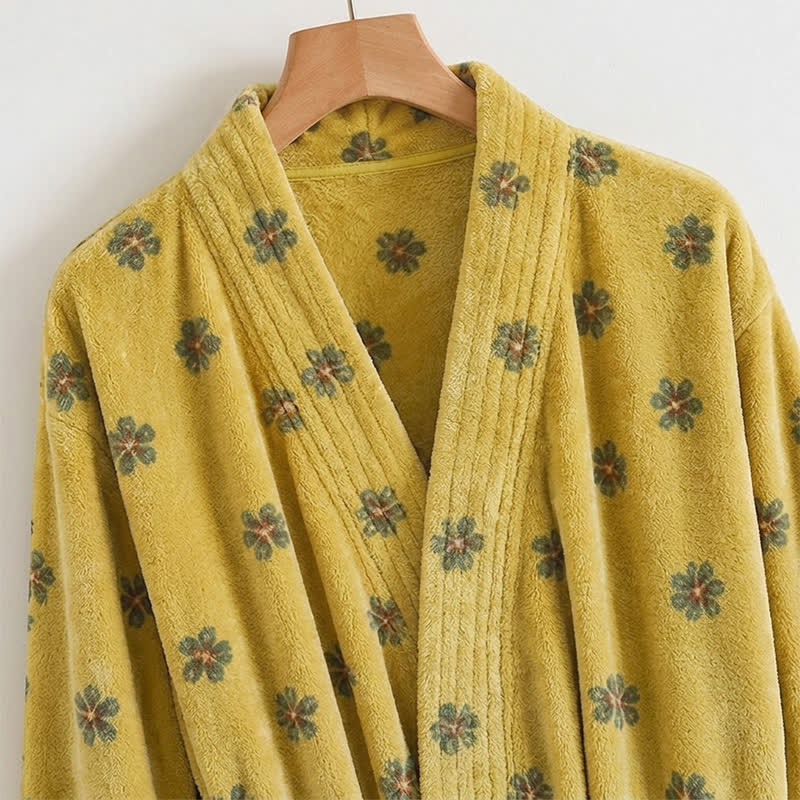 Floral Coral Fleece V-neck Wrap Bath Robe - image 2