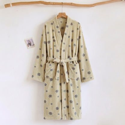 Floral Coral Fleece V-neck Wrap Bath Robe - Beige - One Size - image 5