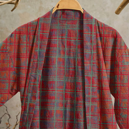 Red Plaid Cotton Gauze Kimono Robe - image 2