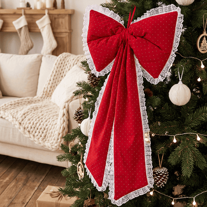 Red Lace Rhinestone Christmas Bow Ornament - image 1