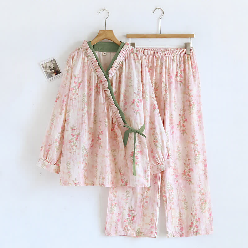 Rose Print Cotton Gauze Asymmetric Front Loungewear Set - XL - image 0