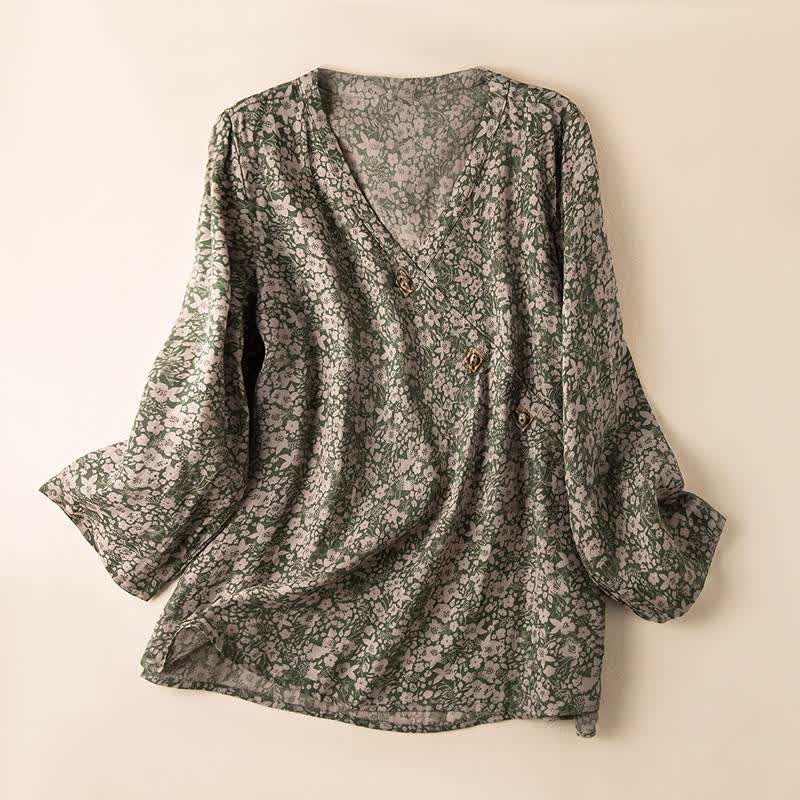 Vintage Floral Cross Wrap Lounge Shirt - Green - XXL - image 0