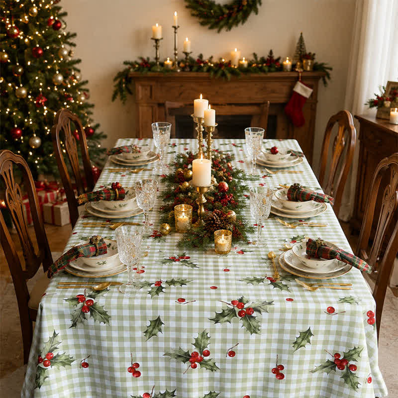 Green Gingham Holly Berry Christmas Tablecloth - 55" x 94" - image 0