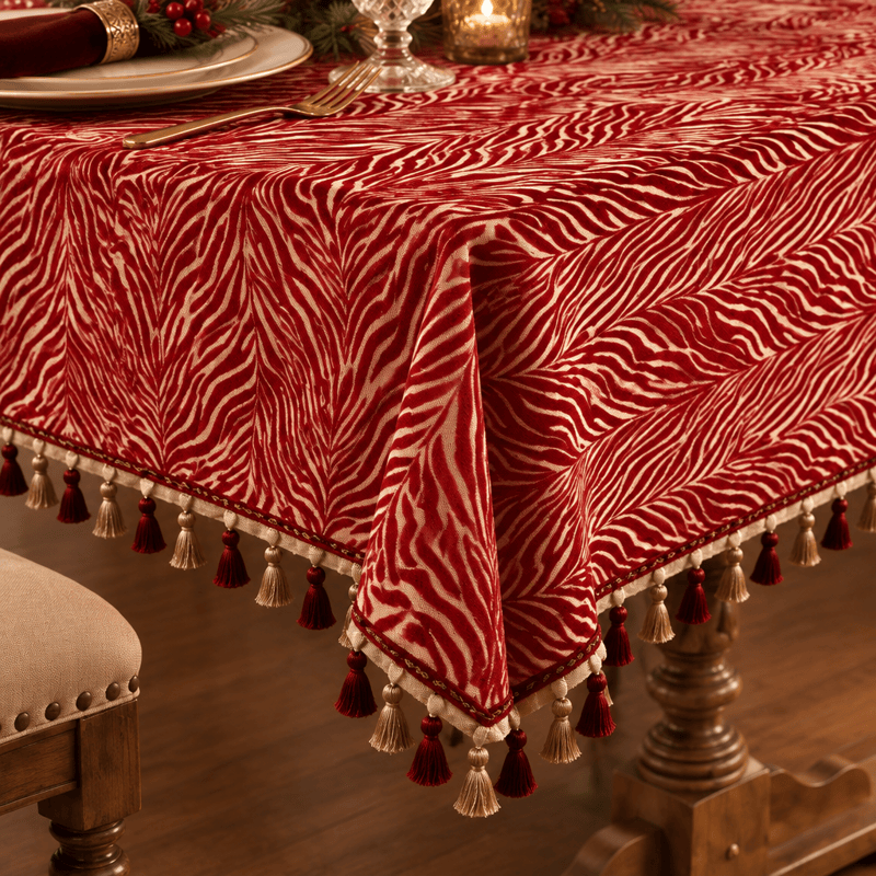 Red Zebra Stripe Tassel Christmas Tablecloth - image 2