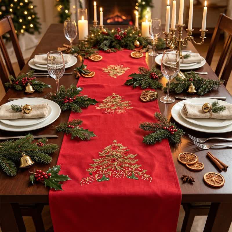 Red Embroidered Christmas Tree Table Runner - image 1