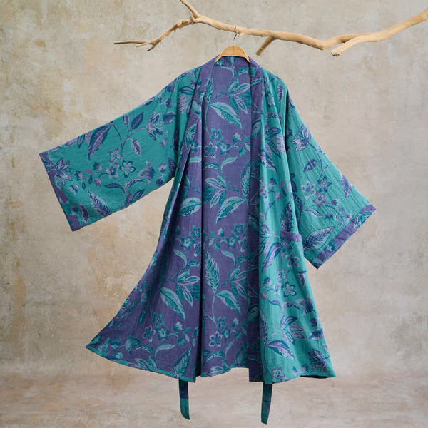 Blue & Purple Leaf Cotton Kimono Robe - Blue - XL - image 0