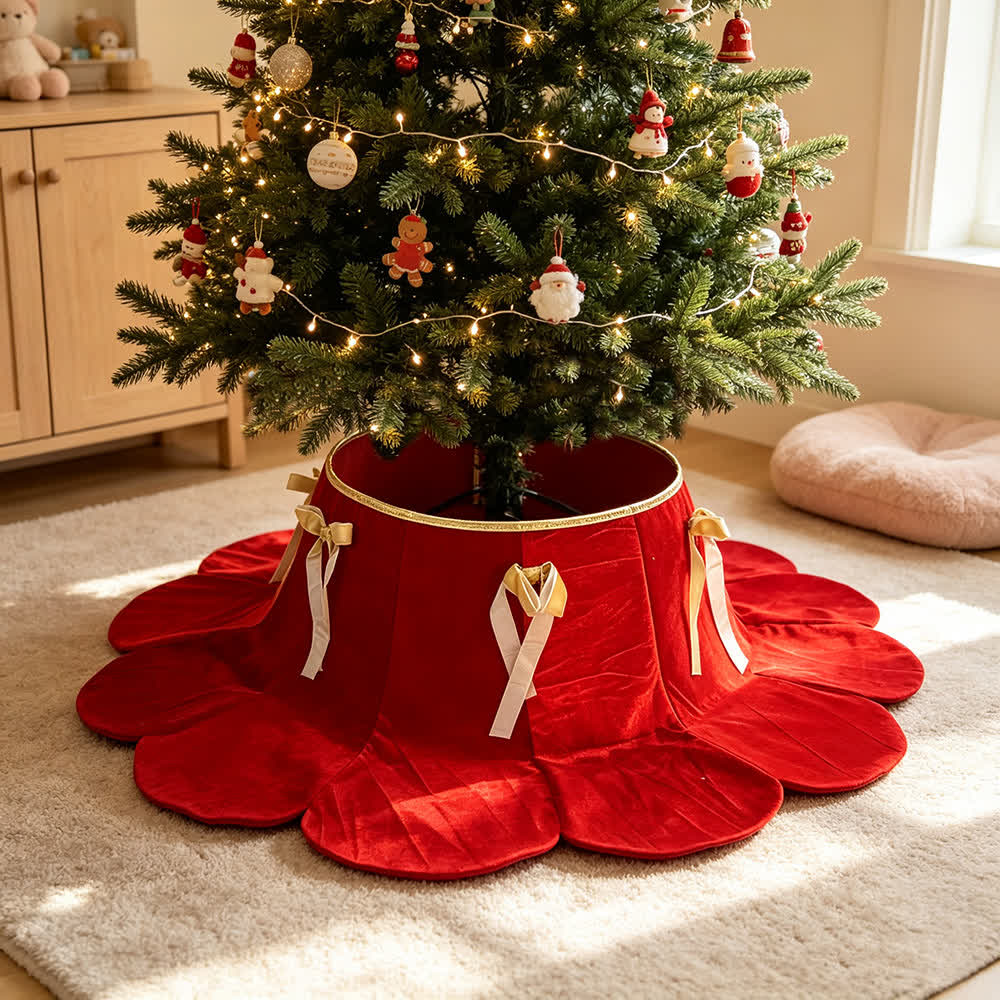 Velvet Christmas Tree Collar with Petal Skirt - Red - 4PCS - 37" Base x 16" Top x 8"H - image 0