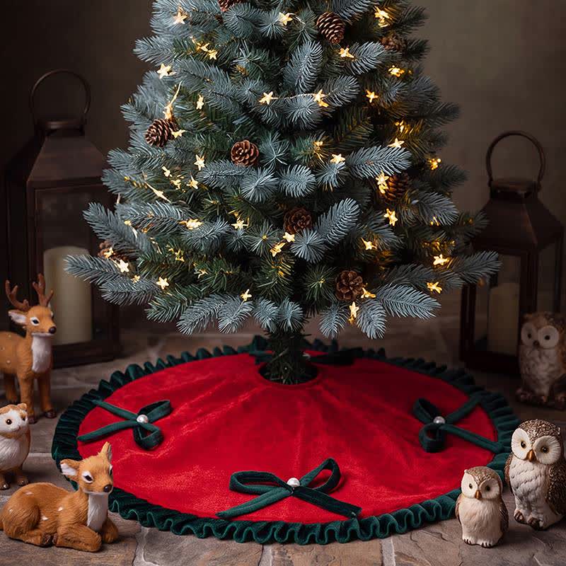 Christmas Tree Skirt with Pearl Bow Accents - Red - 6PCS - 19" - image 1