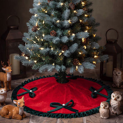 Christmas Tree Skirt with Pearl Bow Accents - Red - 6PCS - 19" - image 1
