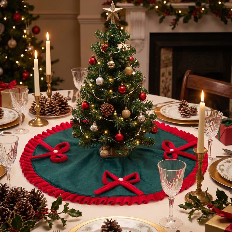 Christmas Tree Skirt with Pearl Bow Accents - Green - 6PCS - 19" - image 7