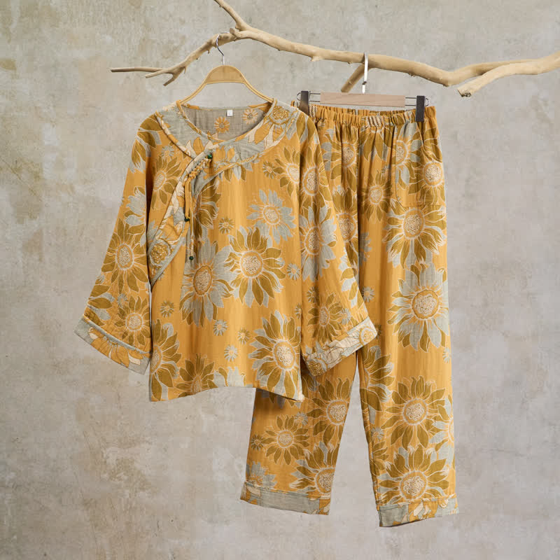 Oriental Sunflower Cotton Pajama Set - Orange - XXL - image 0