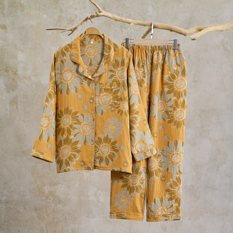 Retro Sunflower Cotton Loungewear Pajama Set - Orange - XL - image 0