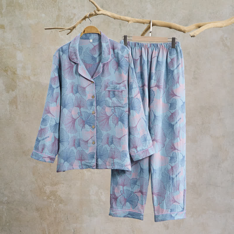 Ginkgo Leaf Cotton Notched‑Collar Loungewear Set - Blue - XL - image 0