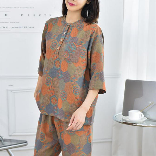 Cotton Gauze Retro Geometric Nightwear