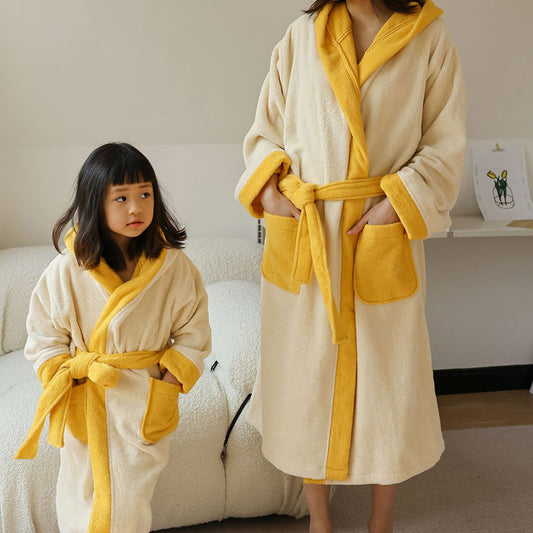 Flower Colorblock Cotton Hooded Bathrobe