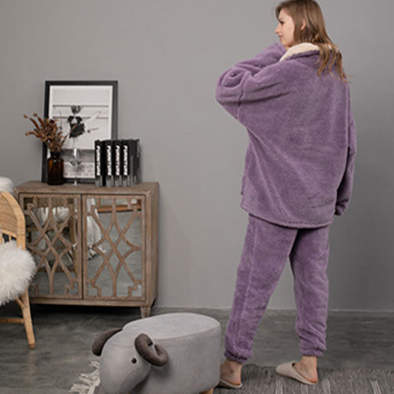 Ownkoti Simple V-Neck Warm Winter Loungewear Set