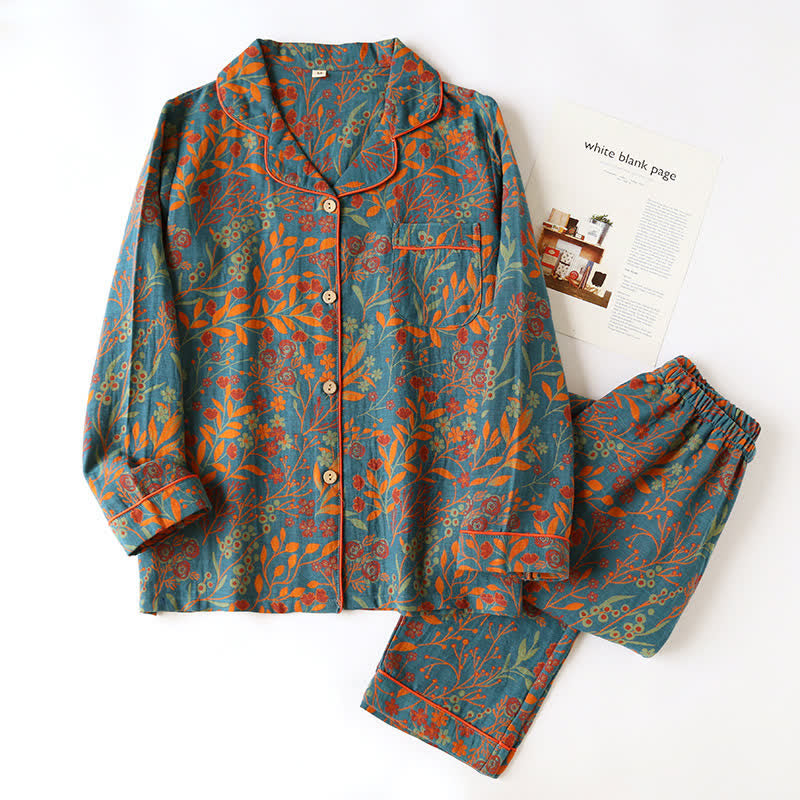 Vintage Leaf Cotton Lapel Loungewear Set - Blue & Orange - 2XL - image 1