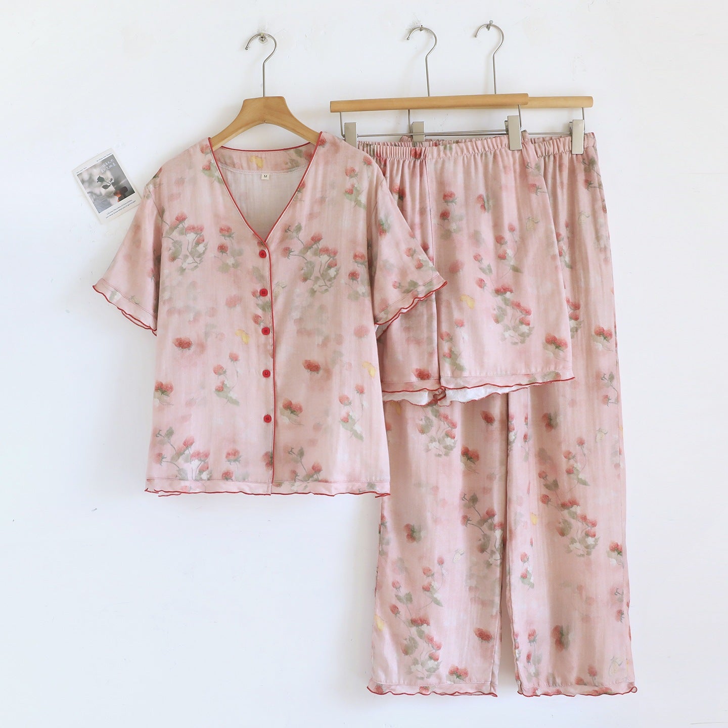 Sweet Berry Print Gauze Loungewear Set（3pcs） - LightPink - XL - image 0