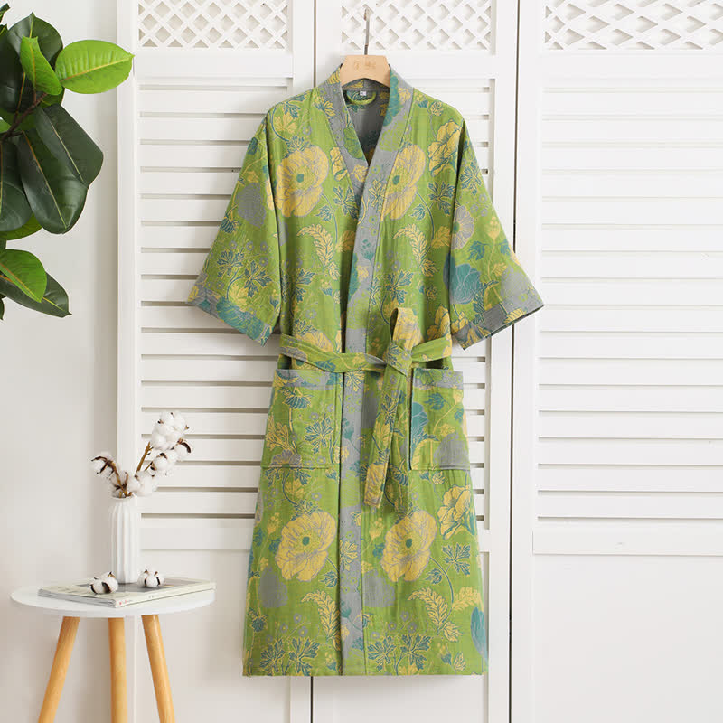 Rustic Floral V-neck Cotton Gauze Bathrobe