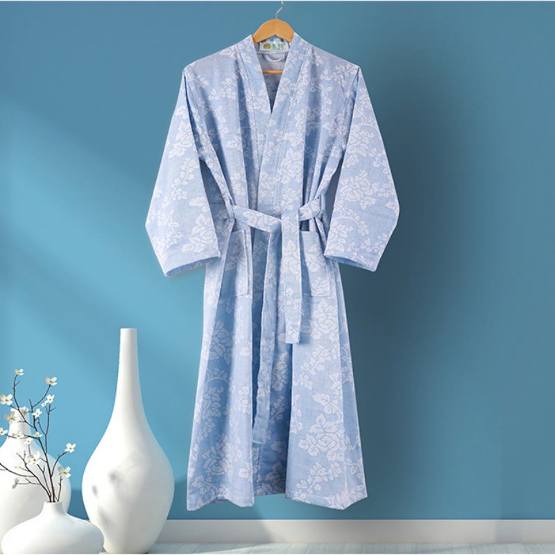 Flower Cotton V-neck Bathrobe with Tie