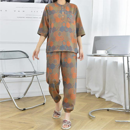 Cotton Gauze Retro Geometric Nightwear