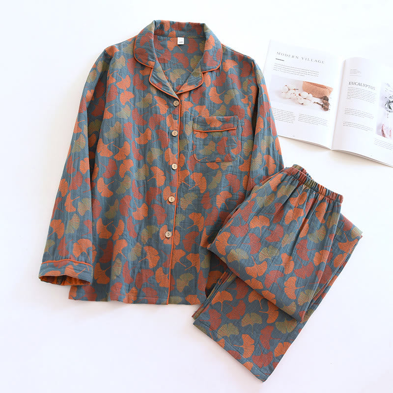 Ginkgo Leaf Button Cotton Loungewear Set