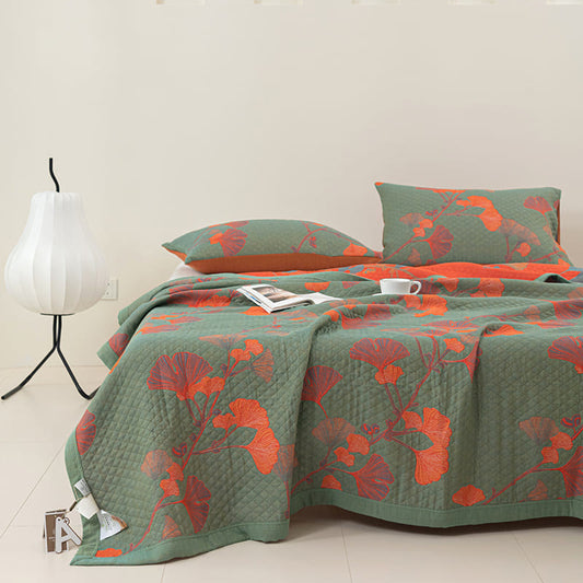 Orange Ginkgo Leaf Cotton Reversible Quilt