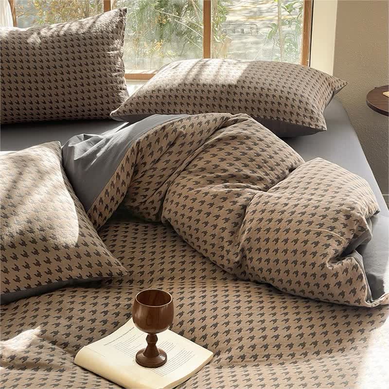 Houndstooth Double Gauze Cotton Bedding Set (4PCS)