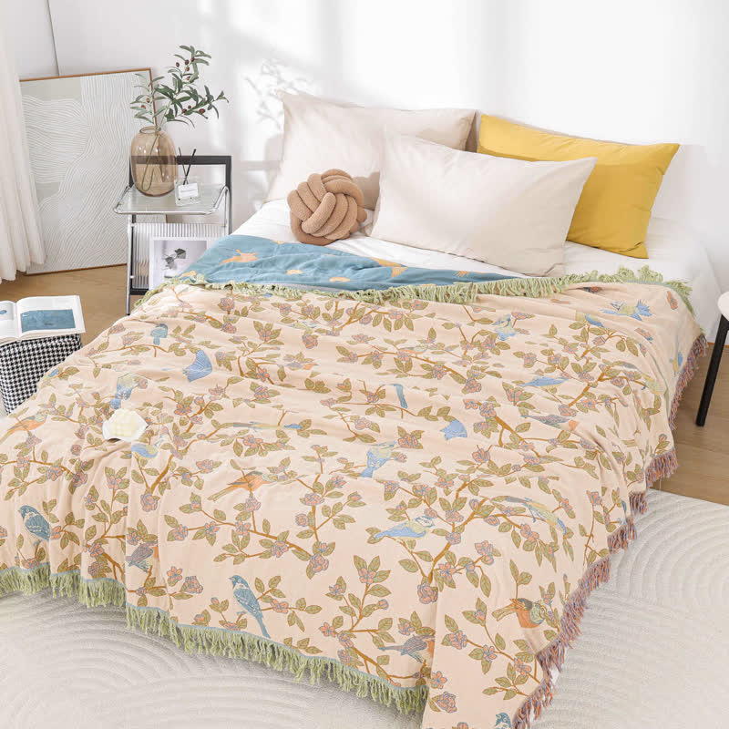 Cotton Gauze Floral & Bird Tassel Quilt