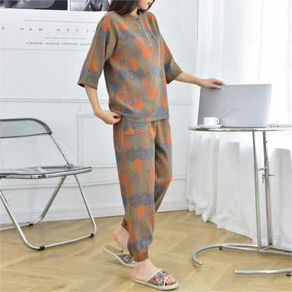 Cotton Gauze Retro Geometric Nightwear