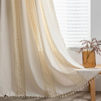 Beige Hollow-Out Light Filtering Tassel Curtain