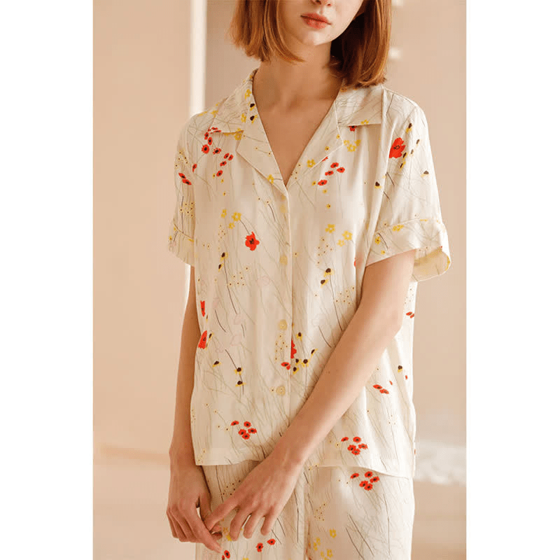 Flower Leaf Breathable V-neck Loungewear Set