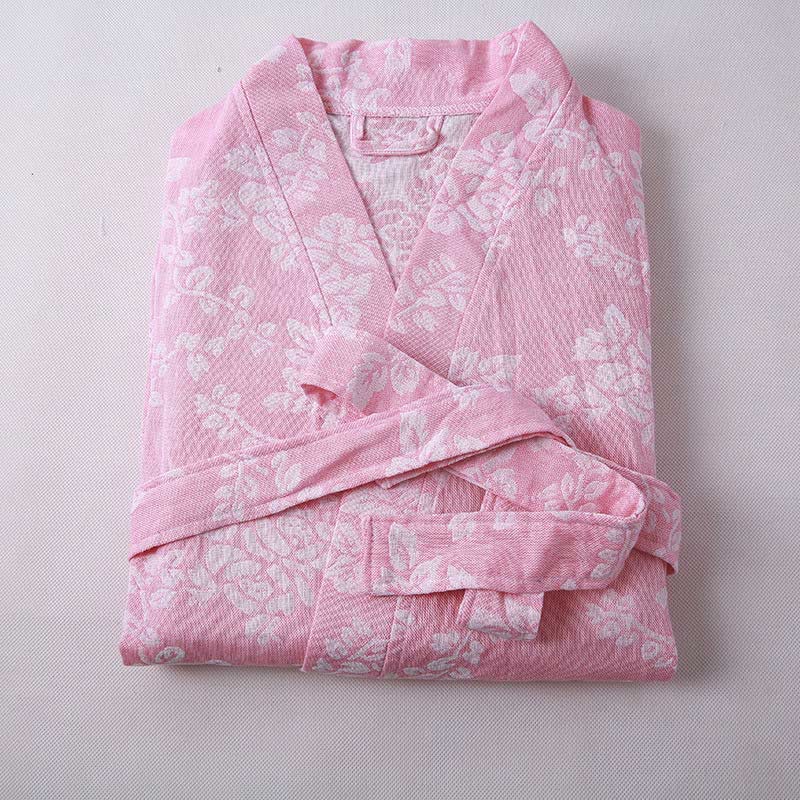 Flower Cotton V-neck Bathrobe with Tie