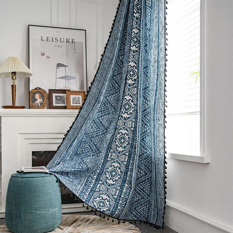 Blue Geometric Pattern Light Filtering Curtain