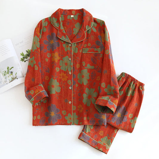 Colorful Flower Cotton Gauze Sleepwear Set