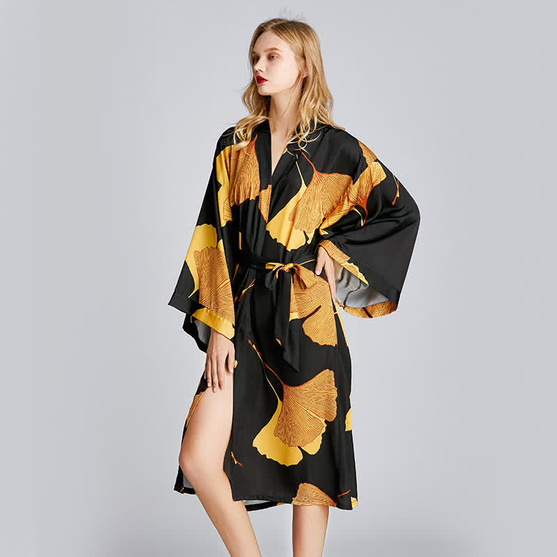 Ginkgo Ice Silk V-neck Bathrobe Pajama