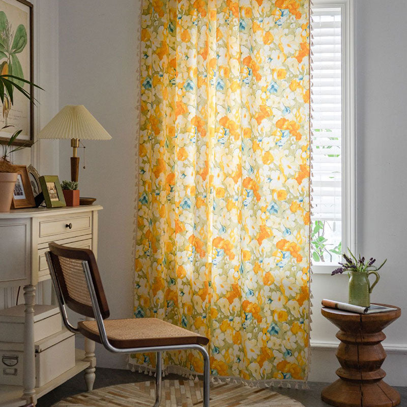 Yellow Flower Cotton Linen Curtain