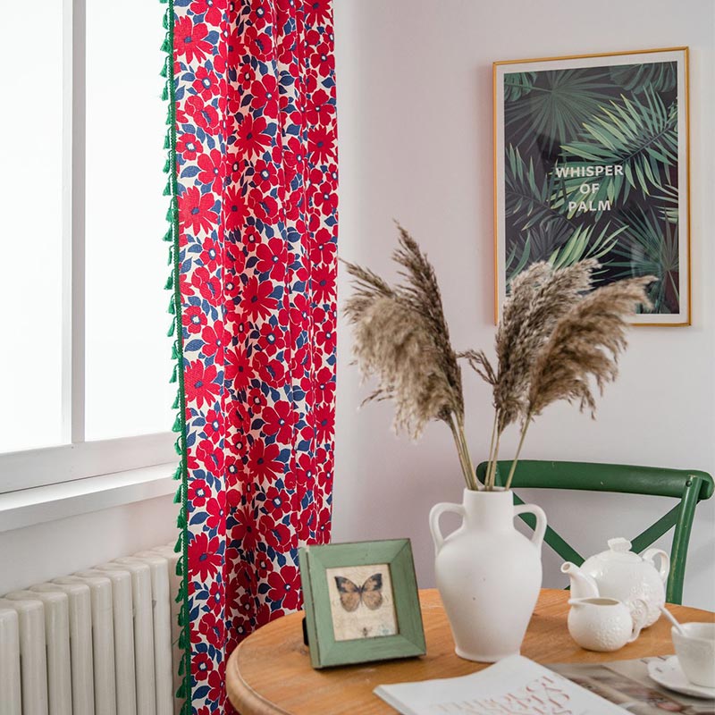 Red Flower Painting Style Light Filtering Curtain