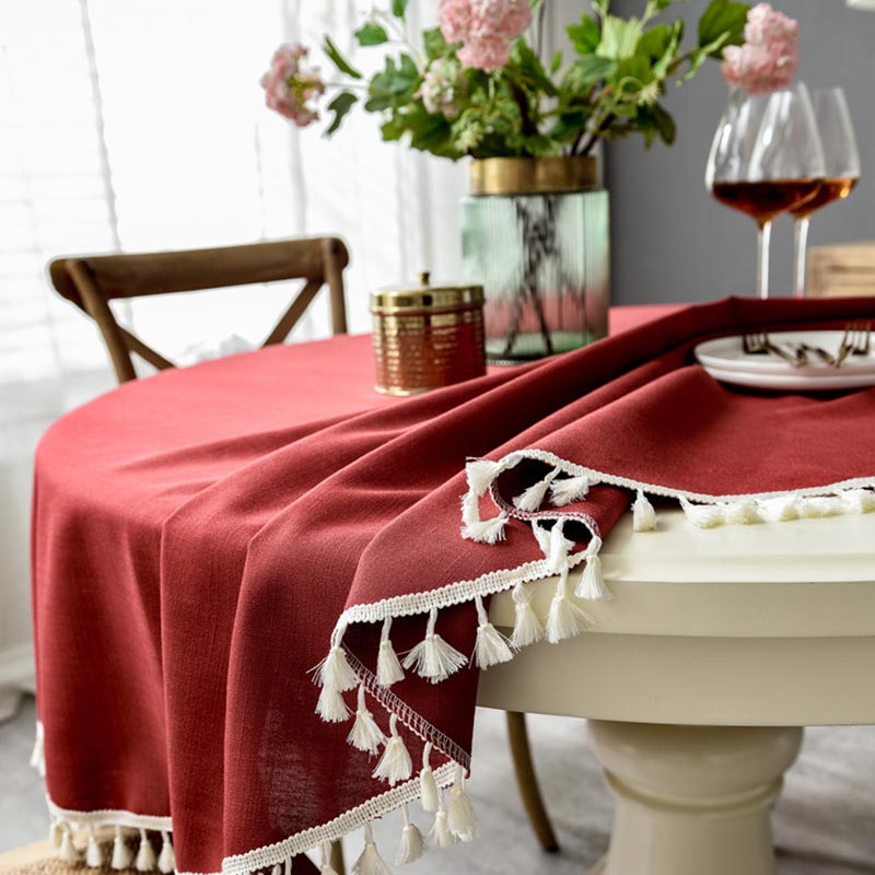 Christmas Round Tablecloth Washable Table Cover with Tassel