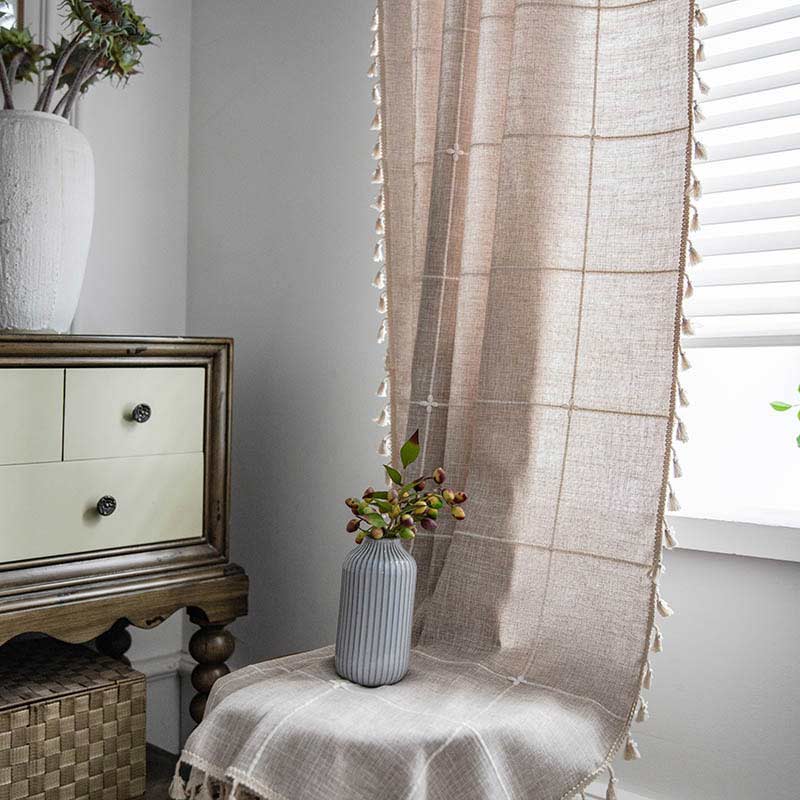 Tassel Plaid Curtain Semi Blackout Drapes